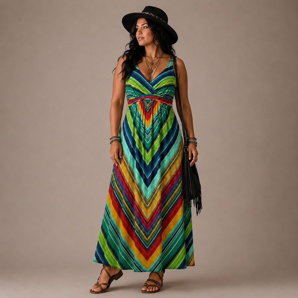 John Paul Maxi Dress WMNS 2X Multicolor Striped Y2K Boho Cruise Tropical Coastal
